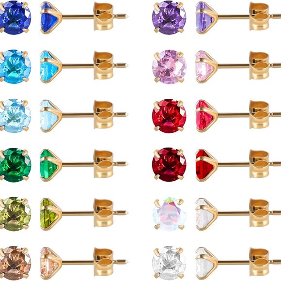 Set of 12 Gold Plated Surgical Steel Star Heart Square Stud Earrings Featuring C - Picture 1 of 6